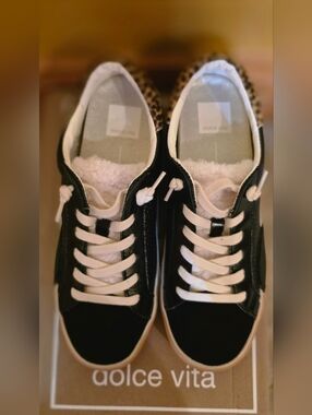 Dolce Vita Black and White Women's Sneakers with Leopard Detail